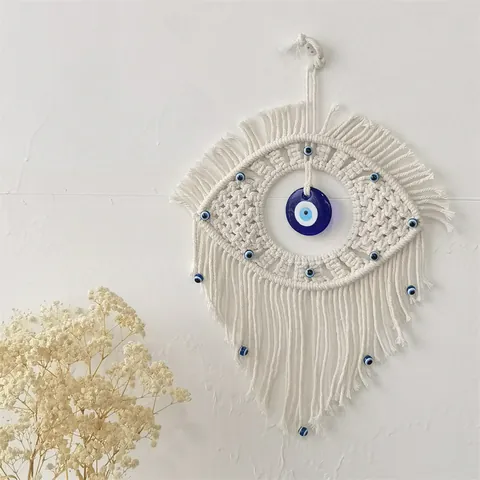 Handmade Macrame Evil Eye Wall Hanging Bohemian Cotton Rope Tapestry Tassel Hanging Decoration For Living Room Bedroom Office Home Decor