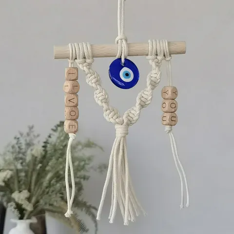 Handmade Macrame Evil Eye Wall Hanging Decor Cotton Rope Wood Beads Heart Tassel Hanging Ornament For Home Car Family Gift