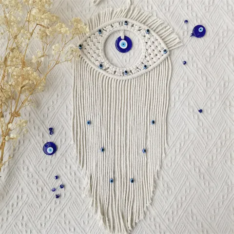 Handmade Bohemian Macrame Evil Eye Wall Hanging Woven Cotton Rope Tassel Tapestry Home Decor Ethnic Wall Art Ornament