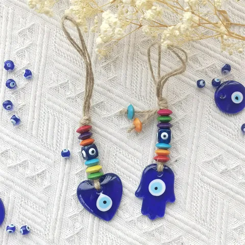 Evil Eye Hanging Ornament Blue Glass Heart Hamsa Hand Nazar Amulet With Multicolor Wood Beads Hemp Rope For Car Home Wall Decor