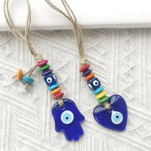 Evil Eye Hanging Ornament Blue Glass Heart Hamsa Hand Nazar Amulet With Multicolor Wood Beads Hemp Rope For Car Home Wall Decor