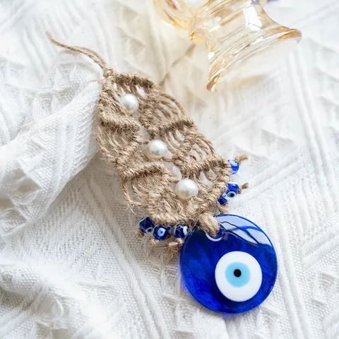 Handmade Macrame Evil Eye Wall Hanging Decor Glass Nazar Beads Imitation Pearls Leaf Shaped Bohemian Mediterranean Home Ornament