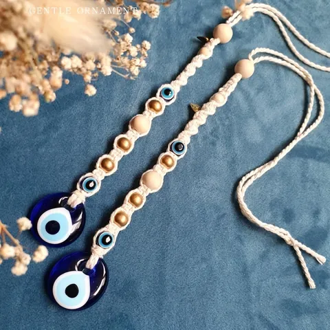 Bohemian Macrame Evil Eye Wall Hanging Hand Woven Cotton Rope Ornament With Blue Glass Nazar Bead For Home Decor Car Accessory
