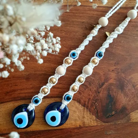 Bohemian Macrame Evil Eye Wall Hanging Hand Woven Cotton Rope Ornament With Blue Glass Nazar Bead For Home Decor Car Accessory