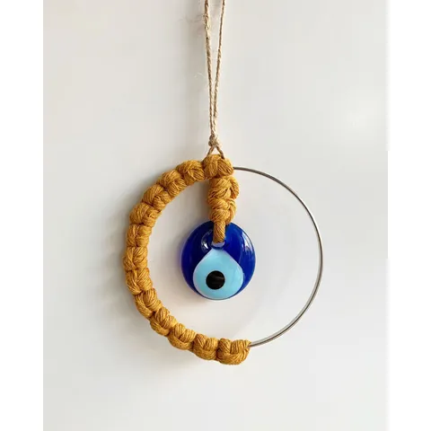 Decorazione da Parete in Macramè Fatto a Mano Malocchio Occhio di Vetro Blu Turco Anello in Metallo Corda in Cotone Boho Casa