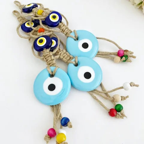 Handgefertigter Türkischer Böser Blick Wandbehang Blaues Glas Nazar Perle Ornament Mit Hanfseil Makramee Quaste Für Haus Auto Dekor