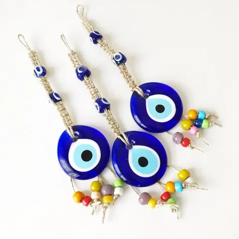 Decorazione da Parete Turca Malocchio Fatta a Mano in Vetro Blu Amuleto Nazar Corda di Canapa Ornamento per Casa Ufficio Auto