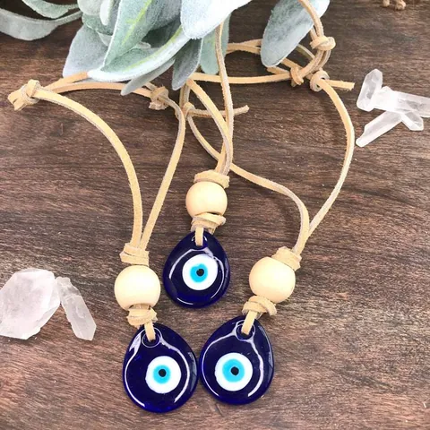 Handmade Evil Eye Hanging Ornament Blue Glass Pendant Wood Bead Leather Rope Boho Home Car Rearview Mirror Decor