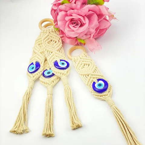 Bohemian Macrame Evil Eye Wall Hanging Handwoven Cotton Thread With Wood Ring Glass Bead Tassel Home Decor Hanging Pendant