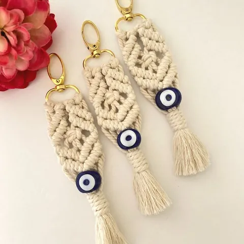 Bohemian Handmade Macrame Evil Eye Keychain With Cotton Tassel Lucky Amulet Bag Pendant Accessory For Women Gift