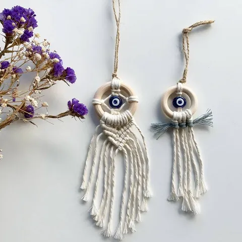 Handwoven Macrame Evil Eye Hanging Ornament Boho Cotton Thread Wood Ring Blue Eye Wall Decor Car Interior Pendant Charm