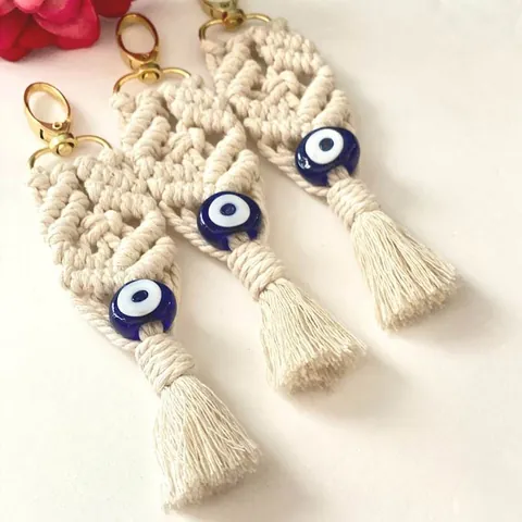 Bohemian Handmade Macrame Evil Eye Keychain With Cotton Tassel Lucky Amulet Bag Pendant Accessory For Women Gift