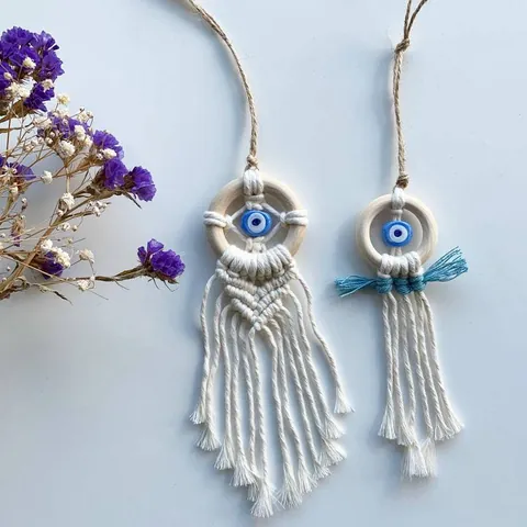 Handwoven Macrame Evil Eye Hanging Ornament Boho Cotton Thread Wood Ring Blue Eye Wall Decor Car Interior Pendant Charm
