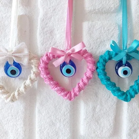 Handmade Woven Cotton Thread Heart Evil Eye Hanging Ornament With Ribbon Bow Nazar Bead Car Rearview Mirror Pendant Home Wall Decor