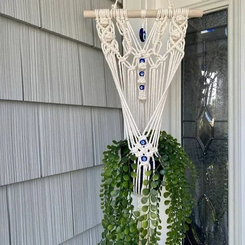 Arazzo Boho a Macramè Fatto a Mano per Piante con Perline Blu del Malocchio in Corda di Cotone Decorazione da Parete per Casa