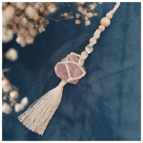 Boho Handgewebter Rosa Rosenquarz Makramee Hängeornament Mit Holzperlen Quasten Für Auto Rückspiegel Haus Wanddekoration