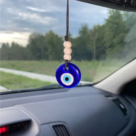 Ornamento da Appendere per Auto Malocchio Tessuto a Mano Ciondolo Nazar in Vetro Blu Con Perline in Legno per Interni