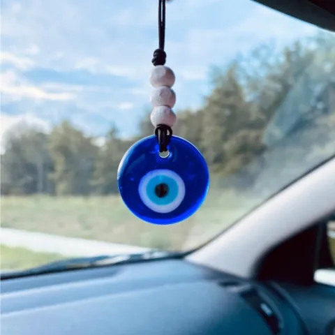 Ornamento da Appendere per Auto Malocchio Tessuto a Mano Ciondolo Nazar in Vetro Blu Con Perline in Legno per Interni