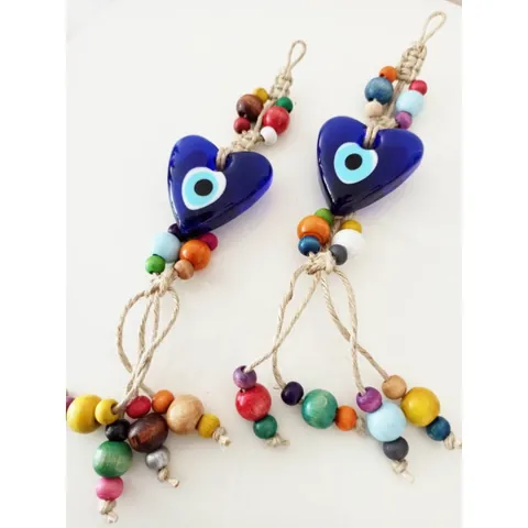 Handgewebt Türkisch Blaues Auge Herzform Glasanhänger Nazar Amulett Haus Wandbehang Dekoration Auto Ornament Böhmisch Ethno-Stil Mehrfarbige Perlen Quaste Dekoration