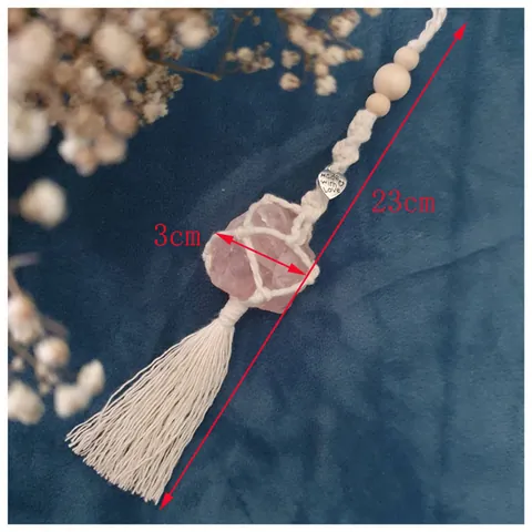Bohemian Hand Woven Pink Rose Quartz Macrame Hanging Ornament With Wood Beads Tassel For Car Rearview Mirror Home Wall Decor