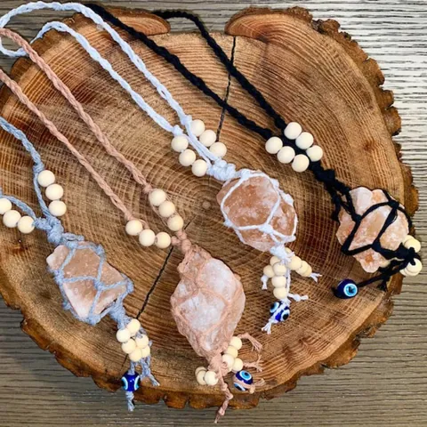 Hand Woven Himalayan Salt Stone Hanging Ornament With Evil Eye Bead Bohemian Healing Crystal Car Mirror Wall Decor