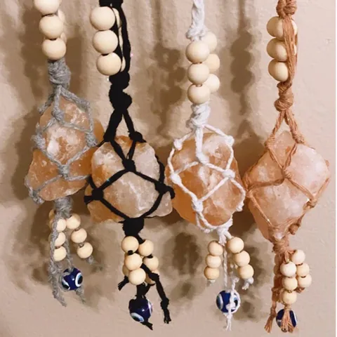 Hand Woven Himalayan Salt Stone Hanging Ornament With Evil Eye Bead Bohemian Healing Crystal Car Mirror Wall Decor