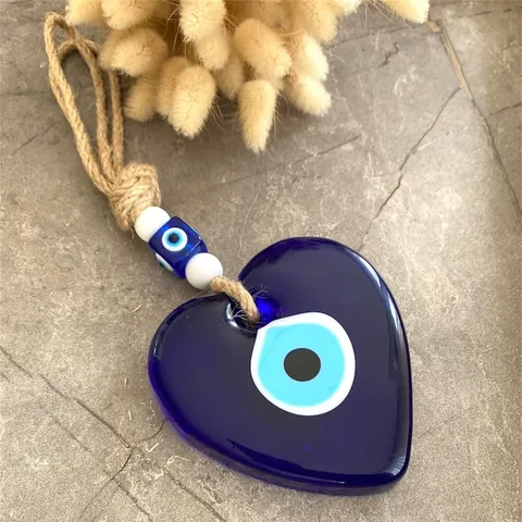Blue Glass Heart Evil Eye Wall Hanging Nazar Bead Mediterranean Home Decor Protection Talisman Handmade Jute Rope Pendant