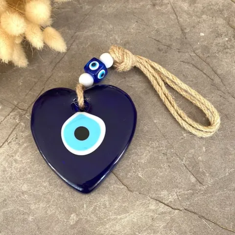 Blue Glass Heart Evil Eye Wall Hanging Nazar Bead Mediterranean Home Decor Protection Talisman Handmade Jute Rope Pendant