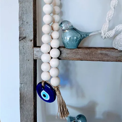 Bohemian Evil Eye Wood Bead Hanging Ornament Glass Nazar Amulet Hemp Rope Tassel For Home Wall Decor Car Accessory