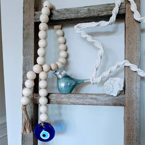 Bohemian Evil Eye Wood Bead Hanging Ornament Glass Nazar Amulet Hemp Rope Tassel For Home Wall Decor Car Accessory