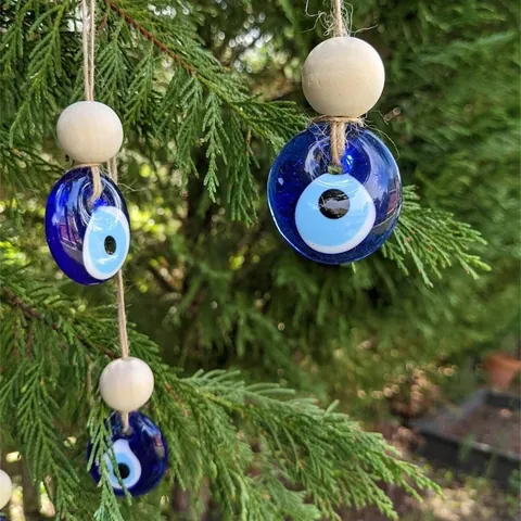 Ornamento Sospeso in Vetro Malocchio Blu Mediterraneo Con Perla in Legno Corda di Canapa Nazar Amuleti Per Decorazione Parete Casa