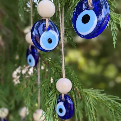 Ornamento Sospeso in Vetro Malocchio Blu Mediterraneo Con Perla in Legno Corda di Canapa Nazar Amuleti Per Decorazione Parete Casa