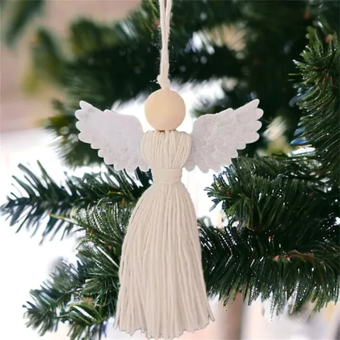 Ornamento Angelo in Macramè Intrecciato a Mano Decorazione Albero di Natale Pendente con Nappa in Cotone e Perla di Legno