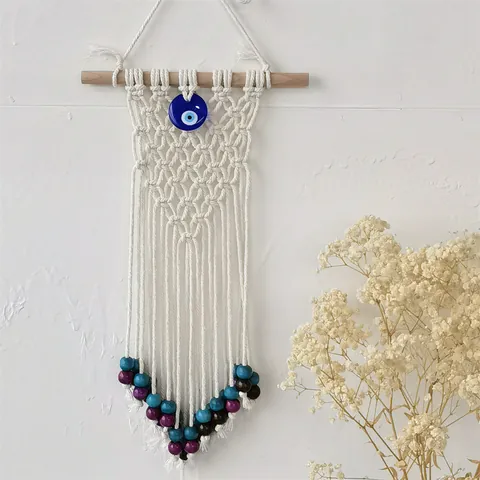 Handmade Macrame Wall Hanging Bohemian Evil Eye Cotton Rope Tapestry With Wood Stick Beaded Tassels For Home Bedroom Decor