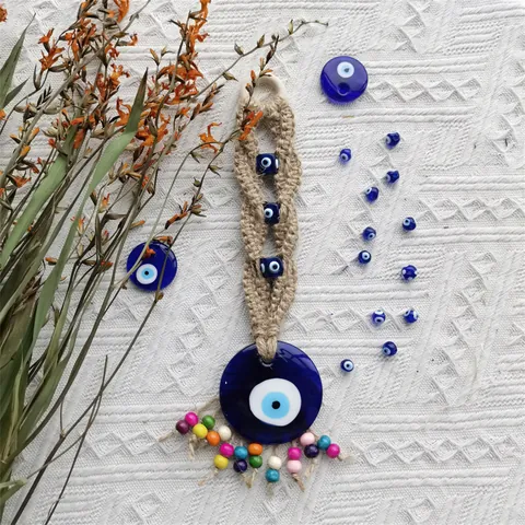 Woven Evil Eye Wall Hanging Decor With Hemp Rope Blue Glass Beads Colorful Tassel Bohemian Ethnic Home Hanging Ornament