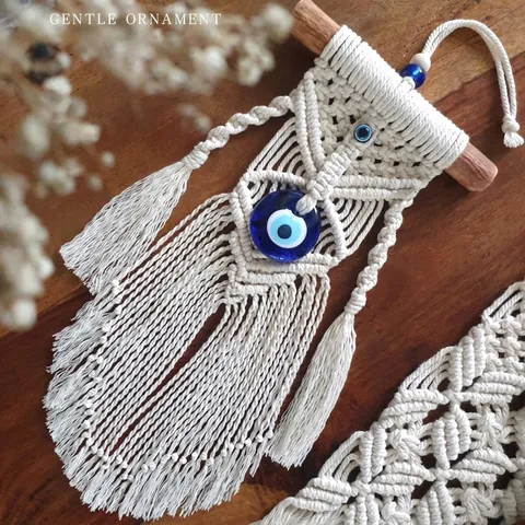 Bohemian Handmade Woven Macrame Wall Hanging Cotton Rope Wood Stick Evil Eye Tassel Turkish Nazar Home Decor Art Ornament