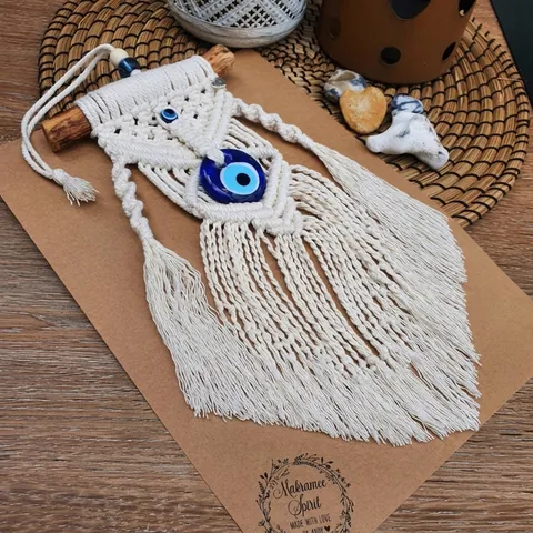 Bohemian Handmade Woven Macrame Wall Hanging Cotton Rope Wood Stick Evil Eye Tassel Turkish Nazar Home Decor Art Ornament