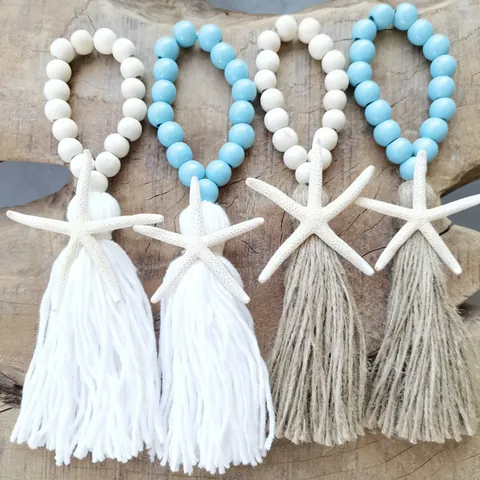 Mediterranean Coastal Starfish Wood Bead Tassel Hanging Ornament Hand Woven Jute Wood Garland For Door Handle Wall Home Decor