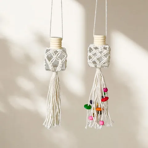 Bohemian Macrame Hand-Woven Car Perfume Bottle Hanging Ornament With Tassels Glass Empty Fragrance Pendant Home Decor