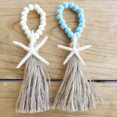 Mediterranean Coastal Starfish Wood Bead Tassel Hanging Ornament Hand Woven Jute Wood Garland For Door Handle Wall Home Decor