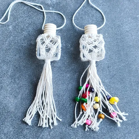 Bohemian Macrame Hand-Woven Car Perfume Bottle Hanging Ornament With Tassels Glass Empty Fragrance Pendant Home Decor