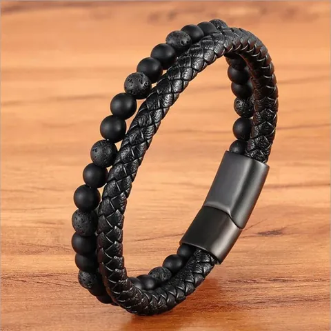 Bracciale da Uomo a Doppio Strato in Pietra Lavica Naturale Agata Opaca Corda in Vera Pelle Intrecciata Fibbia Magnetica in Acciaio Inossidabile Gioielli