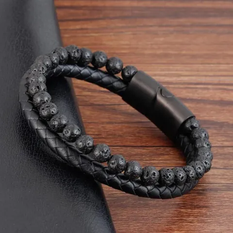 Bracciale da Uomo a Doppio Strato in Pietra Lavica Naturale Agata Opaca Corda in Vera Pelle Intrecciata Fibbia Magnetica in Acciaio Inossidabile Gioielli
