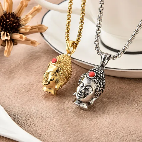 Retro Stainless Steel Sakyamuni Buddha Head Pendant Necklace For Men Gold Silver Polished Religious Buddhist Jewelry Gift