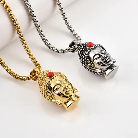 Retro Stainless Steel Sakyamuni Buddha Head Pendant Necklace For Men Gold Silver Polished Religious Buddhist Jewelry Gift