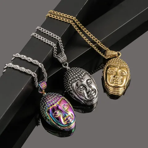 Retro Stainless Steel Buddha Head Pendant Necklace For Men Religious Hiphop Jewelry Gold Silver Multicolor Black Chain
