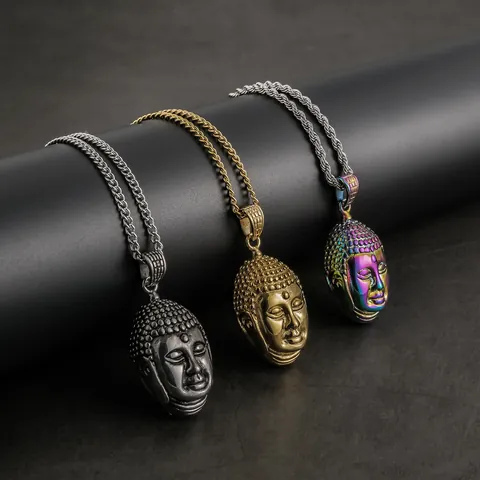 Retro Stainless Steel Buddha Head Pendant Necklace For Men Religious Hiphop Jewelry Gold Silver Multicolor Black Chain