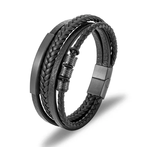 Men's Multi-Layer Braided Microfiber Leather Bracelet With 304 Stainless Steel Magnetic Buckle Punk Rock Hand Wrap Jewelry