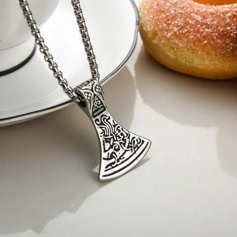 Retro Stainless Steel Viking Axe Pendant Necklace For Men Vintage Nordic Totem Braided Pattern Punk Jewelry Gift For Him