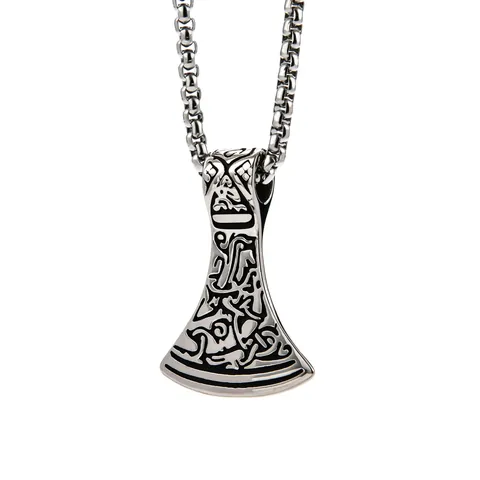 Retro Stainless Steel Viking Axe Pendant Necklace For Men Vintage Nordic Totem Braided Pattern Punk Jewelry Gift For Him